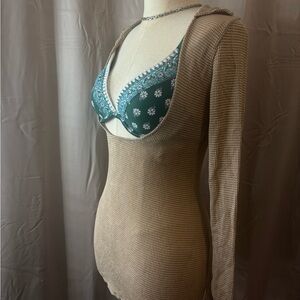 Tan Knit Long Sleeve Dress with Green Floral Bra